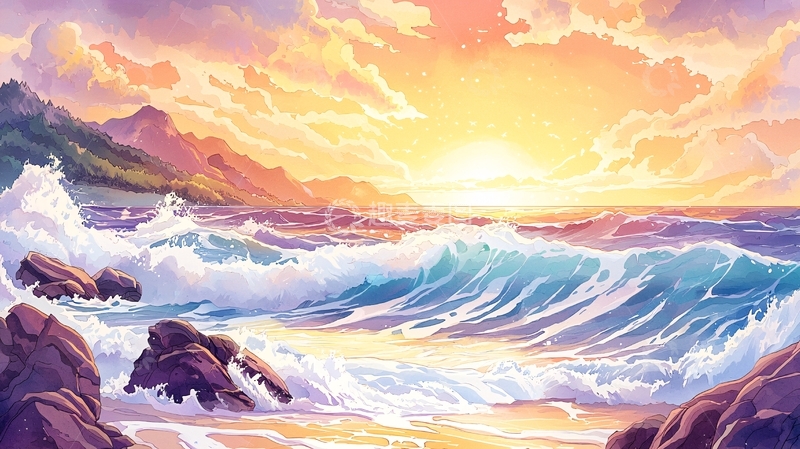 高清大图下载【趣麦麦图】日落海浪岩石风景