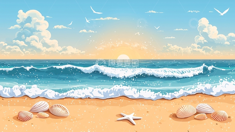 高清大图下载【趣麦麦图】海滩日落海星贝壳沙滩