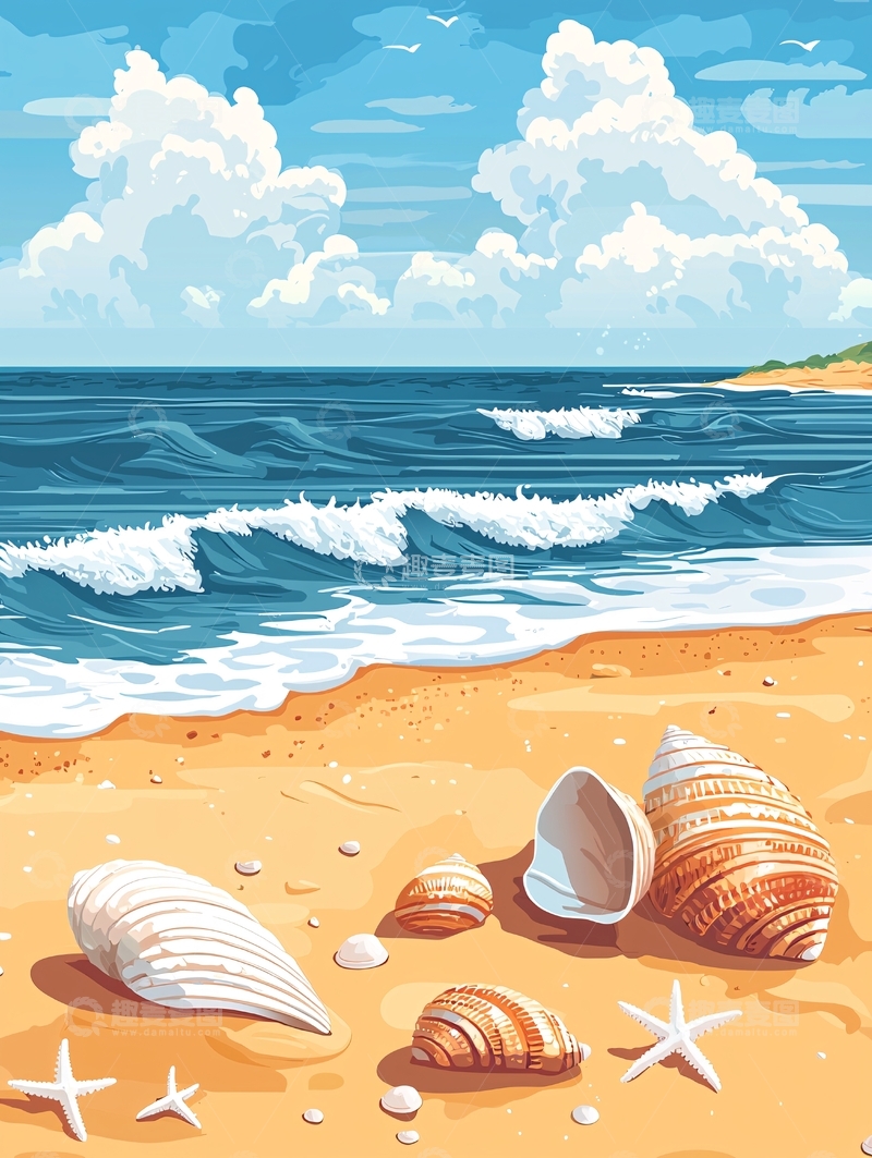 高清大图下载【趣麦麦图】海滩贝壳与海星插画