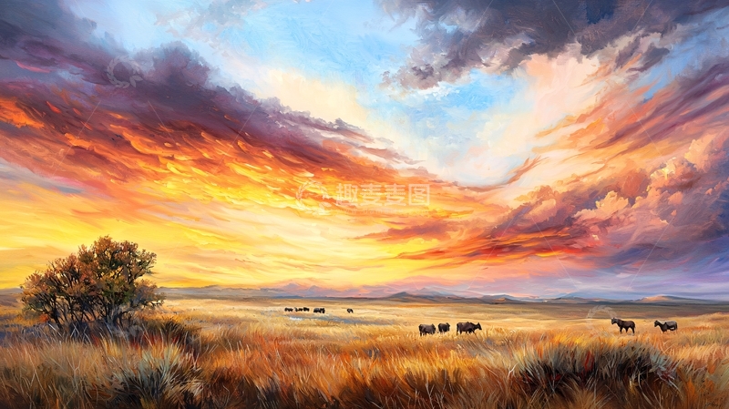 高清大图下载【趣麦麦图】草原日落下的牛群