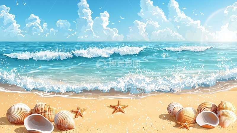 高清大图下载【趣麦麦图】海滩上的贝壳和海星