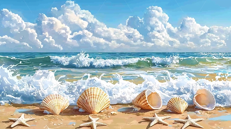 高清大图下载【趣麦麦图】海滩贝壳海星风景画