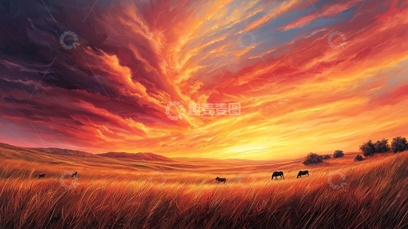 高清大图下载【趣麦麦图】夕阳下的草原与马群
