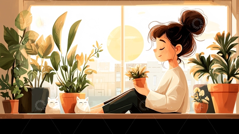 高清大图下载【趣麦麦图】女孩窗边拥抱盆栽