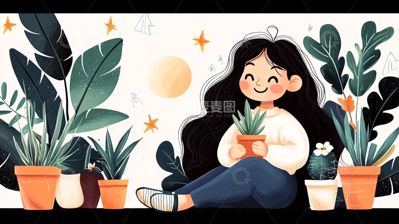 高清大图下载【趣麦麦图】快乐女孩与室内植物
