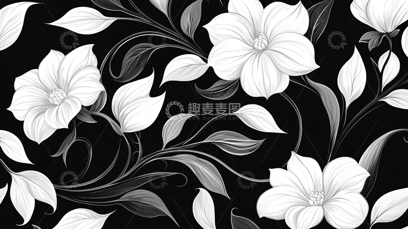 高清大图下载【趣麦麦图】黑白花卉图案背景素材
