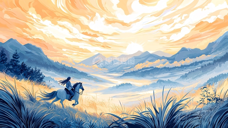 高清大图下载【趣麦麦图】骑马女子山间剪影