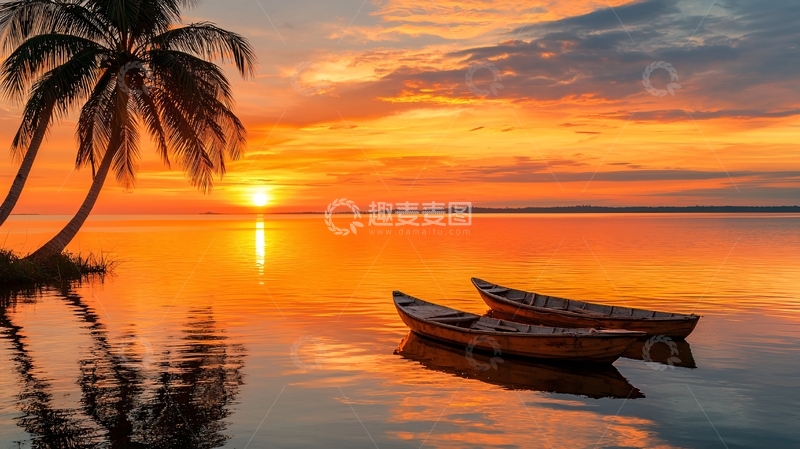 高清大图下载【趣麦麦图】日落海滩上的小船