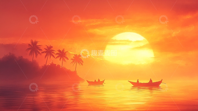 高清大图下载【趣麦麦图】日落海滩划船风景