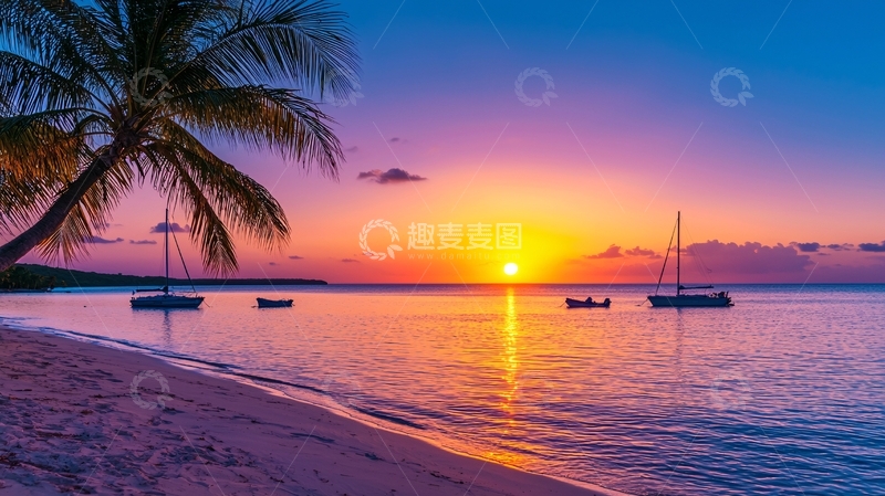 高清大图下载【趣麦麦图】日落海滩椰树帆船