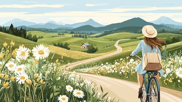 少女骑行田园风光