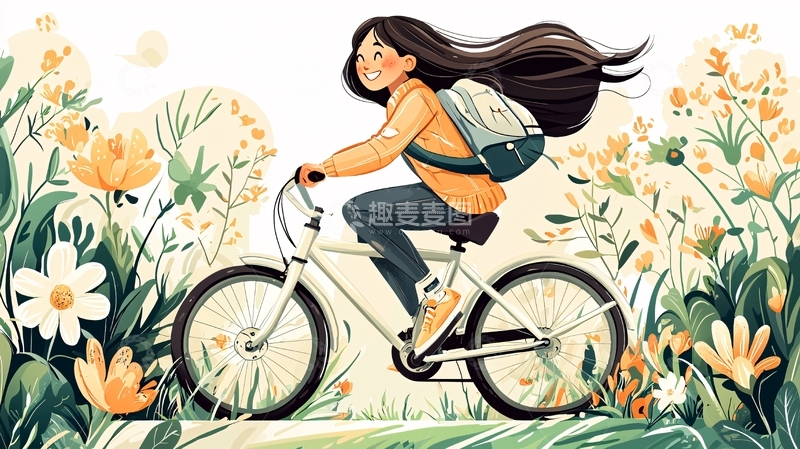 高清大图下载【趣麦麦图】女孩骑自行车穿梭花丛