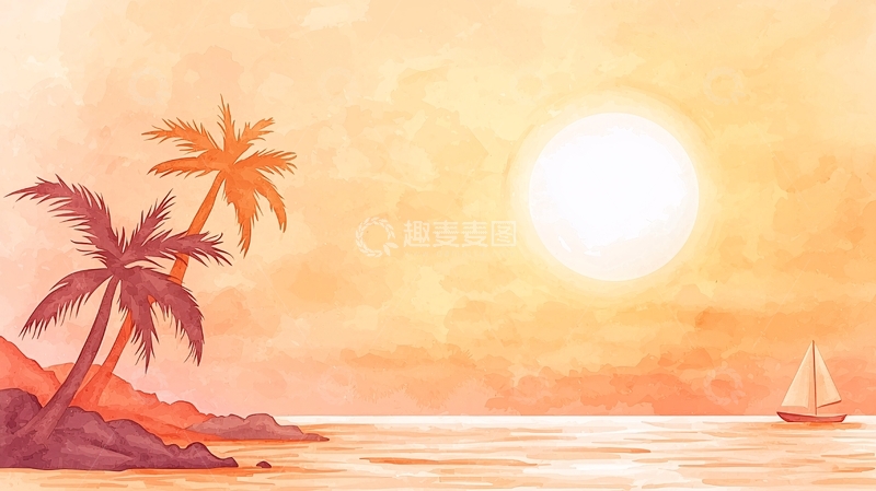 高清大图下载【趣麦麦图】夏日海滩日落帆船风景