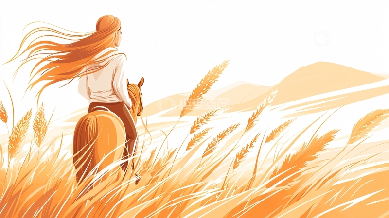 高清大图下载【趣麦麦图】骑马少女在金色的田野中