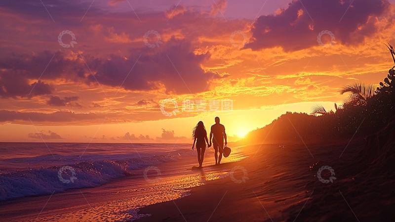 高清大图下载【趣麦麦图】夕阳海滩情侣漫步
