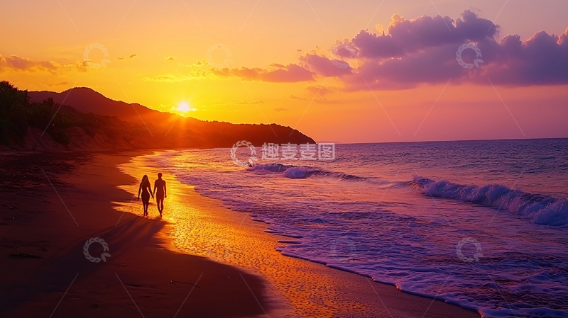 高清大图下载【趣麦麦图】夕阳海滩情侣漫步