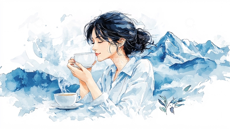 高清大图下载【趣麦麦图】清新女子品茶赏山水