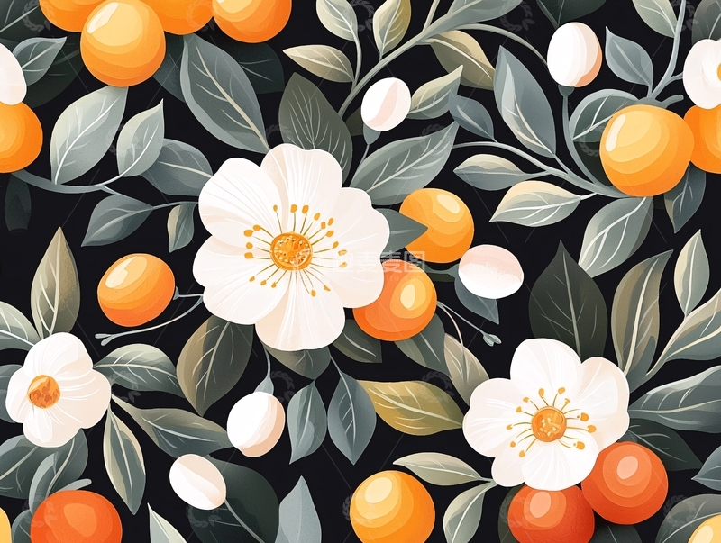 高清大图下载【趣麦麦图】橙花绿叶背景图案素材