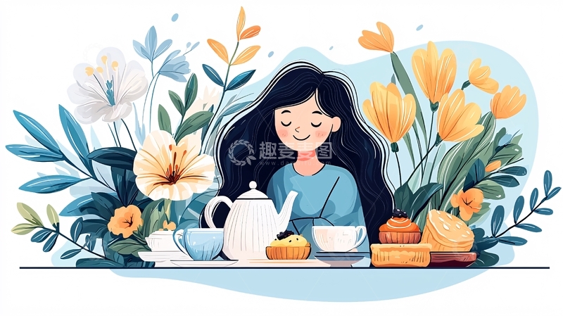 高清大图下载【趣麦麦图】少女与花卉茶会