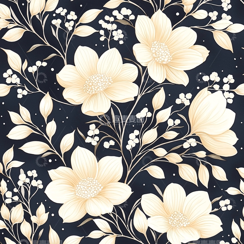 高清大图下载【趣麦麦图】深色背景上的金色花卉图案