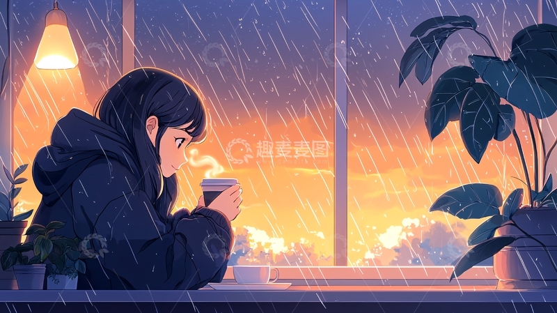 高清大图下载【趣麦麦图】窗边女孩喝咖啡