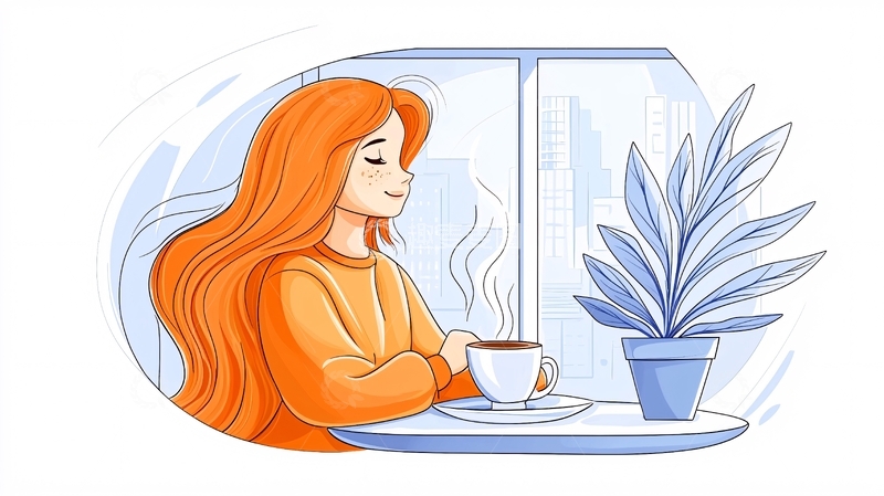 高清大图下载【趣麦麦图】长发女孩在窗边喝咖啡
