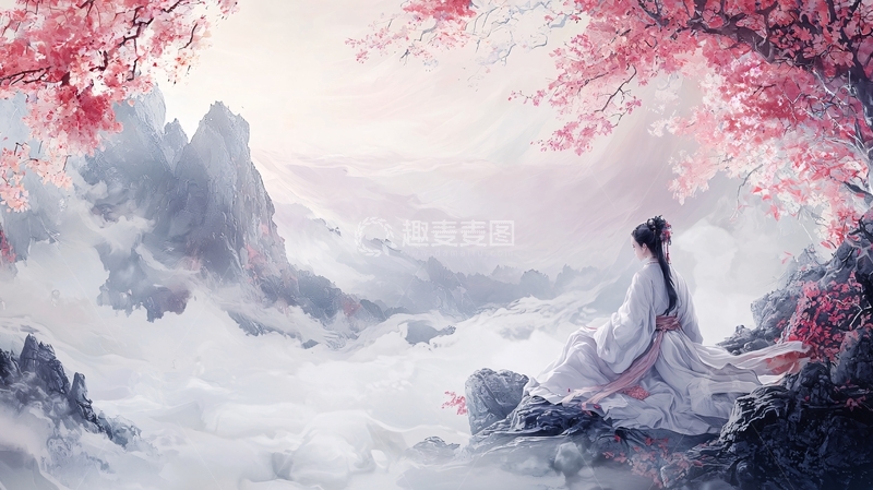 高清大图下载【趣麦麦图】古风女子赏花看云海