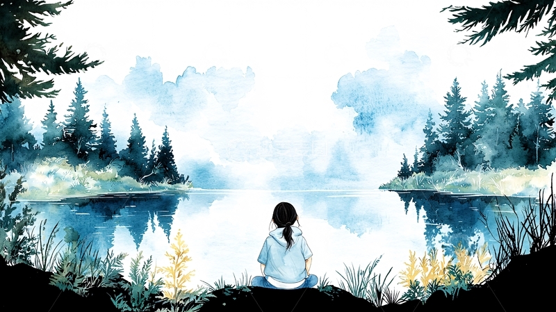 高清大图下载【趣麦麦图】少女坐在湖边看风景