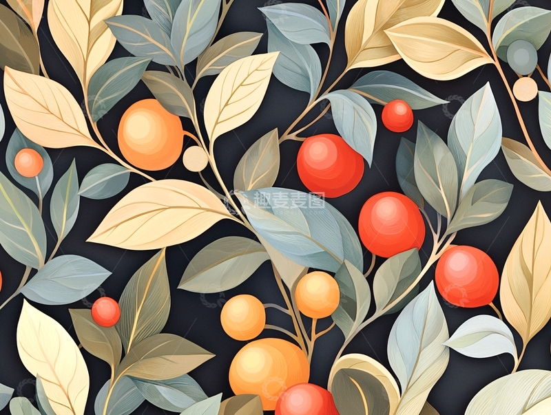 高清大图下载【趣麦麦图】秋日果实与叶子背景图案