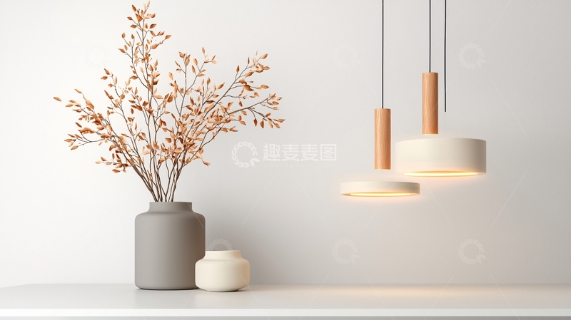 高清大图下载【趣麦麦图】简约现代室内装饰灯具与植物摆设