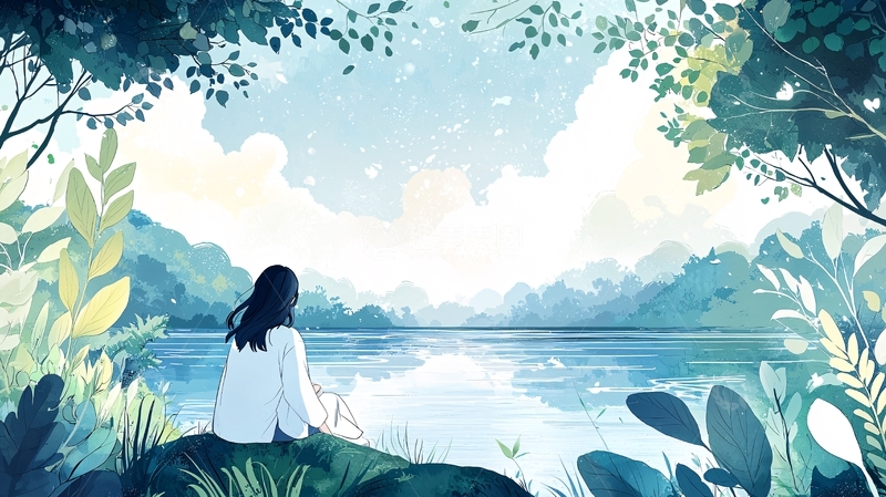 高清大图下载【趣麦麦图】湖边少女的恬静时光