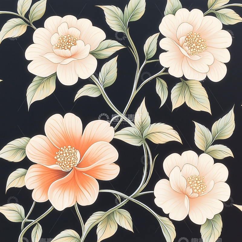 高清大图下载【趣麦麦图】黑色背景上的花卉图案素材
