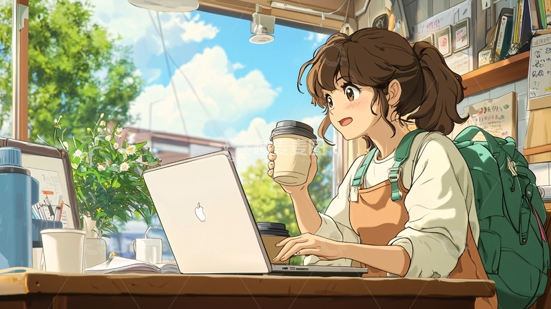 高清大图下载【趣麦麦图】咖啡馆女孩使用笔记本电脑