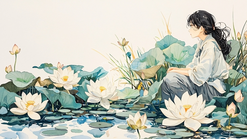 高清大图下载【趣麦麦图】水边少女与盛开的莲花