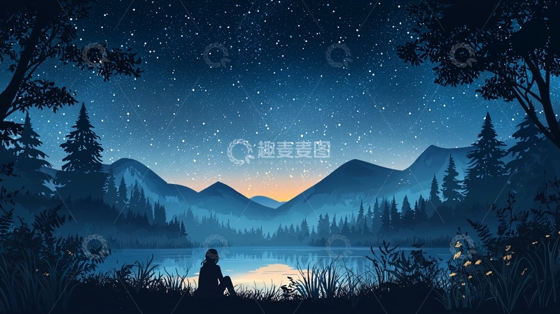 高清大图下载【趣麦麦图】夜空湖边剪影