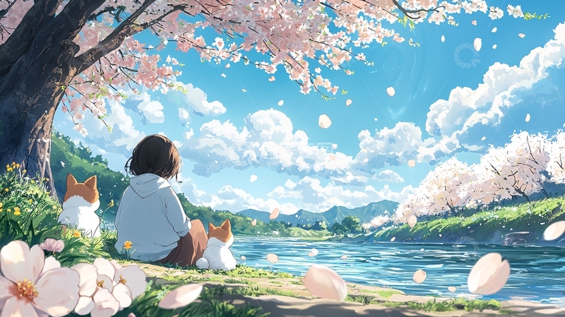 樱花树下少女背影