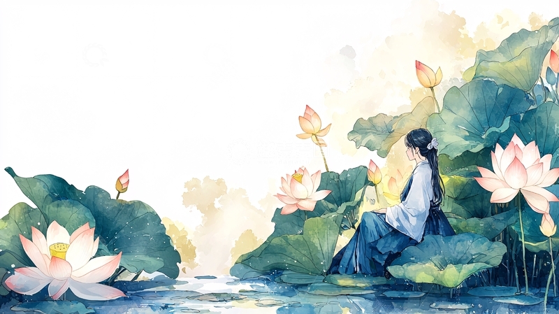 高清大图下载【趣麦麦图】女子莲花池畔静坐
