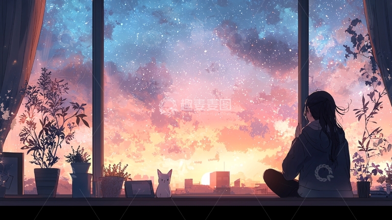 高清大图下载【趣麦麦图】女孩窗边看夕阳