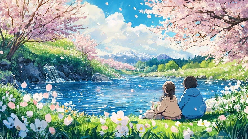 高清大图下载【趣麦麦图】浪漫樱花树下情侣背影