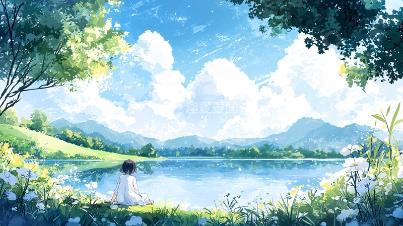 高清大图下载【趣麦麦图】湖边女孩的宁静夏日