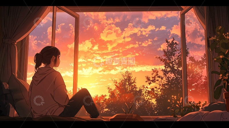 高清大图下载【趣麦麦图】女孩看窗外日落的动漫场景