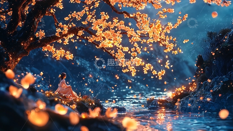 高清大图下载【趣麦麦图】梦幻星空下的灯光树