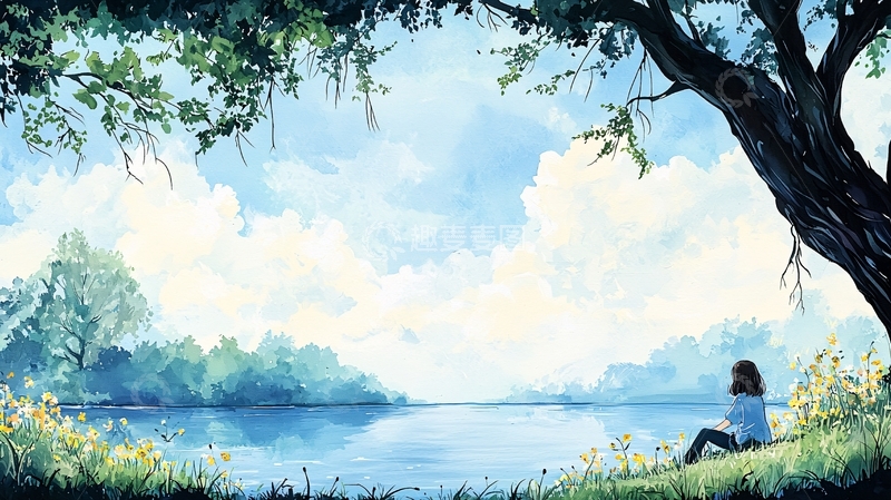 高清大图下载【趣麦麦图】湖边女孩仰望天空