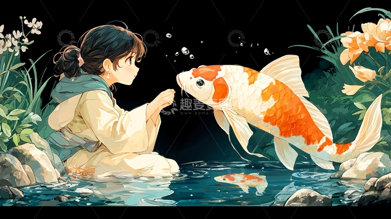高清大图下载【趣麦麦图】水边少女与锦鲤的相遇