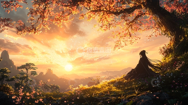 高清大图下载【趣麦麦图】夕阳下树荫中的孤独少女