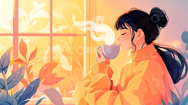 高清大图下载【趣麦麦图】窗边少女喝热饮
