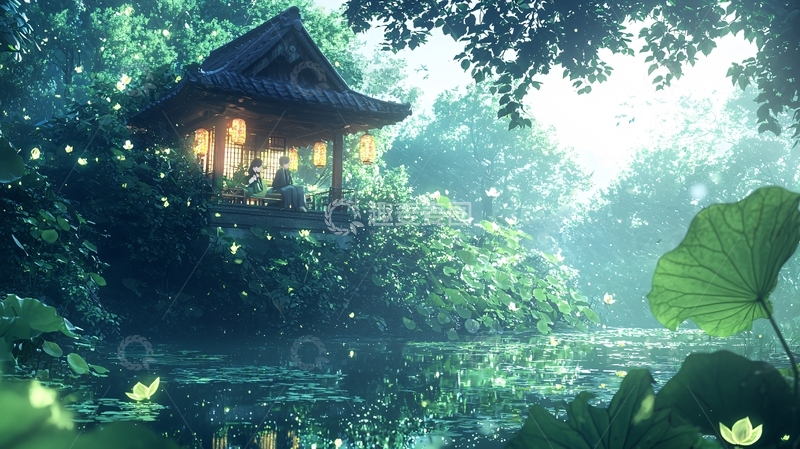 高清大图下载【趣麦麦图】幽静森林中的凉亭