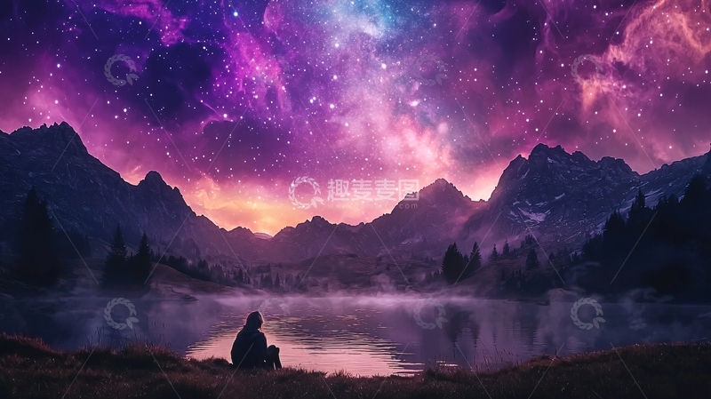 高清大图下载【趣麦麦图】宁静湖畔星空下的孤独身影
