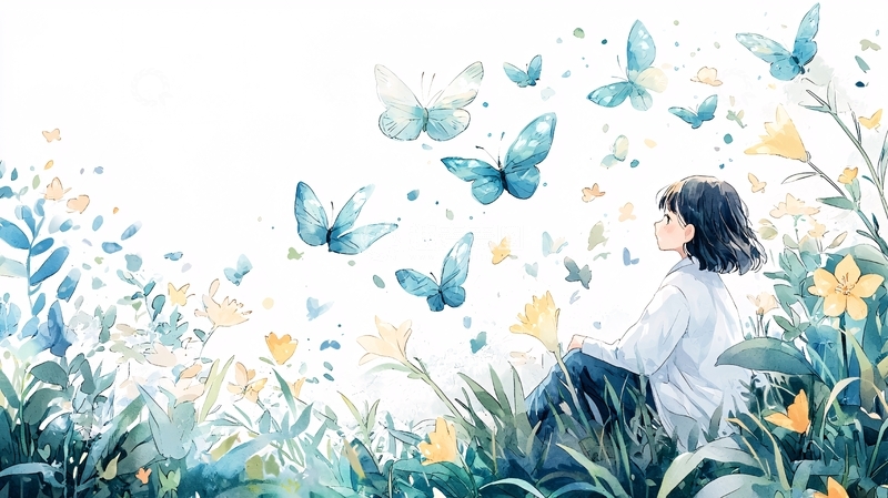 高清大图下载【趣麦麦图】女孩与蝴蝶花草的意境