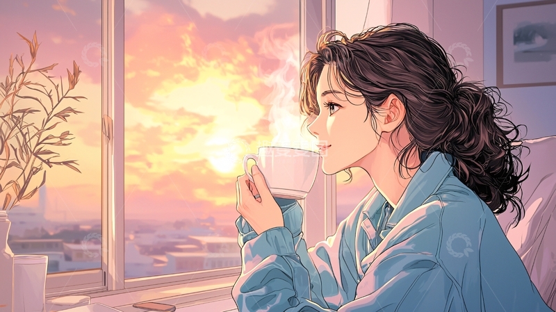 高清大图下载【趣麦麦图】女孩窗边看日出